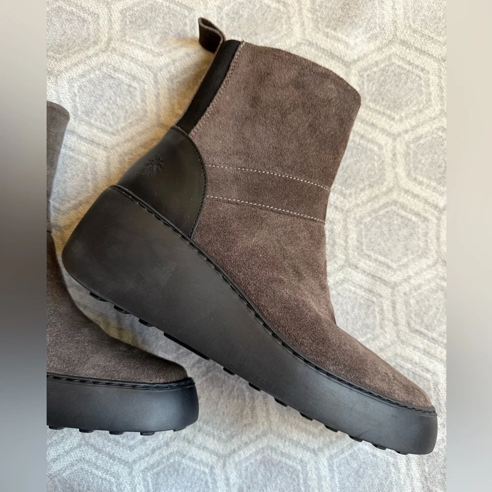 Fly London Doxe Anthracite | Black Suede Wedge Ankle Boots | Size 10 US 41 EU